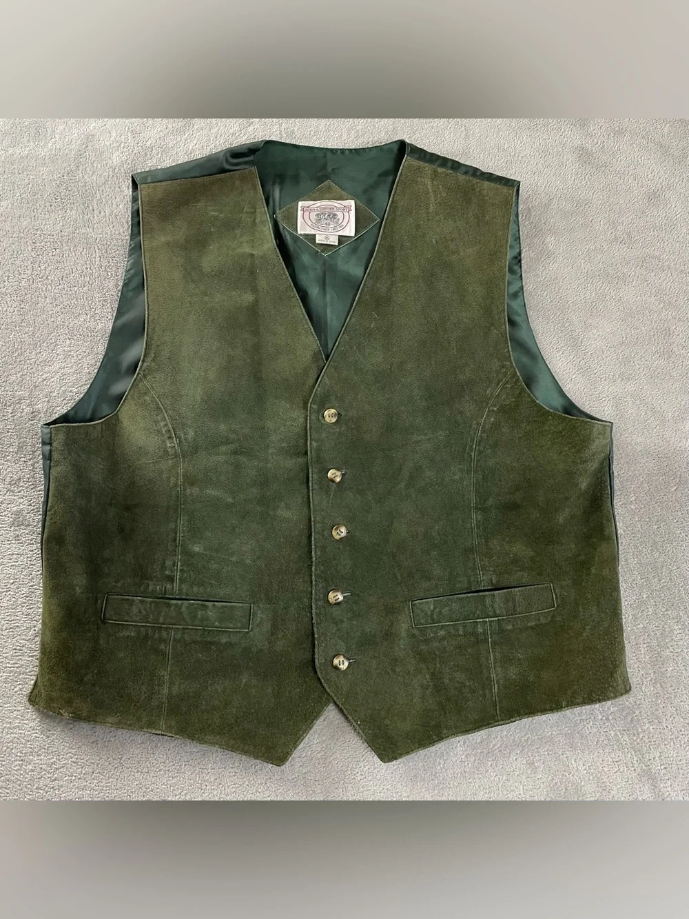 John Ashford Dress Vest Mens XL Green Suede Leather Nylon Button Up Western